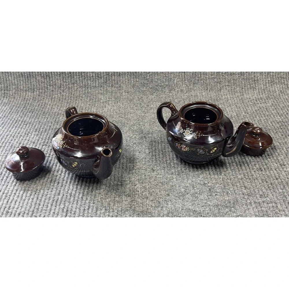 Redware Teapots Dark Brown HandPainted  Moriage Enamel Floral Japan Set Of 2 VTG